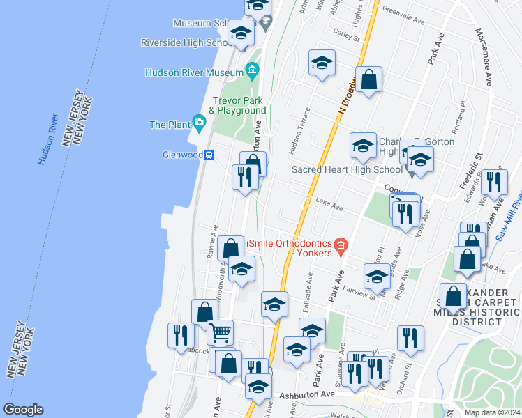 map of restaurants, bars, coffee shops, grocery stores, and more near 370 Warburton Avenue in Yonkers