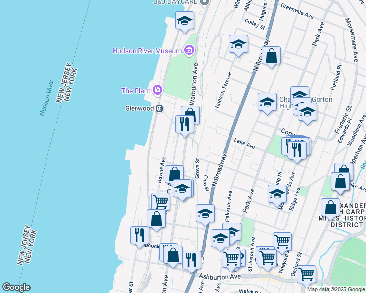 map of restaurants, bars, coffee shops, grocery stores, and more near 370 Warburton Avenue in Yonkers
