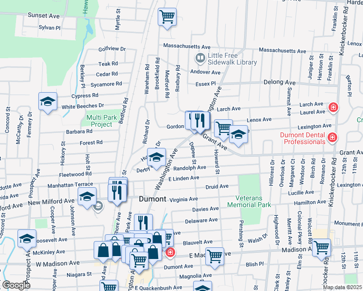 map of restaurants, bars, coffee shops, grocery stores, and more near in Dumont