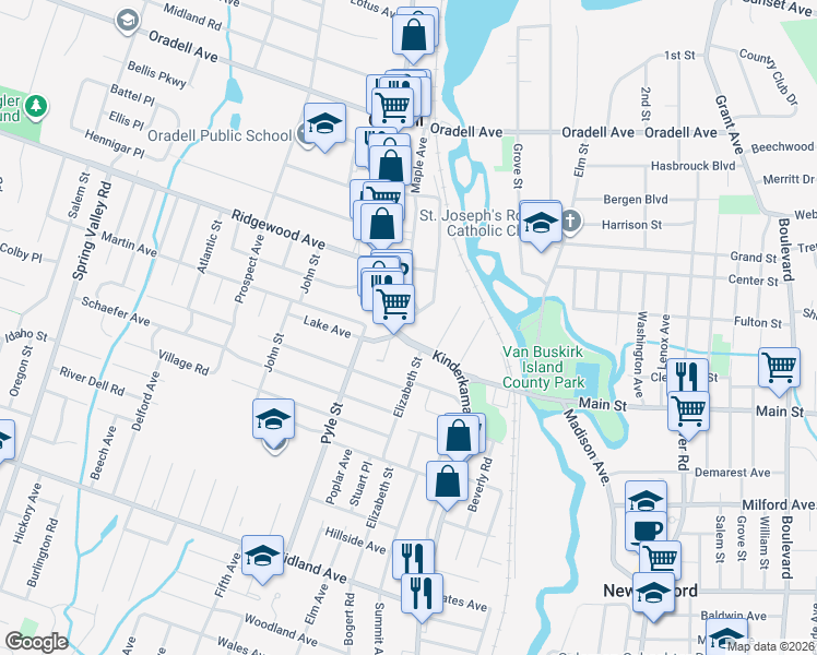 map of restaurants, bars, coffee shops, grocery stores, and more near 594 Brookside Avenue in Oradell