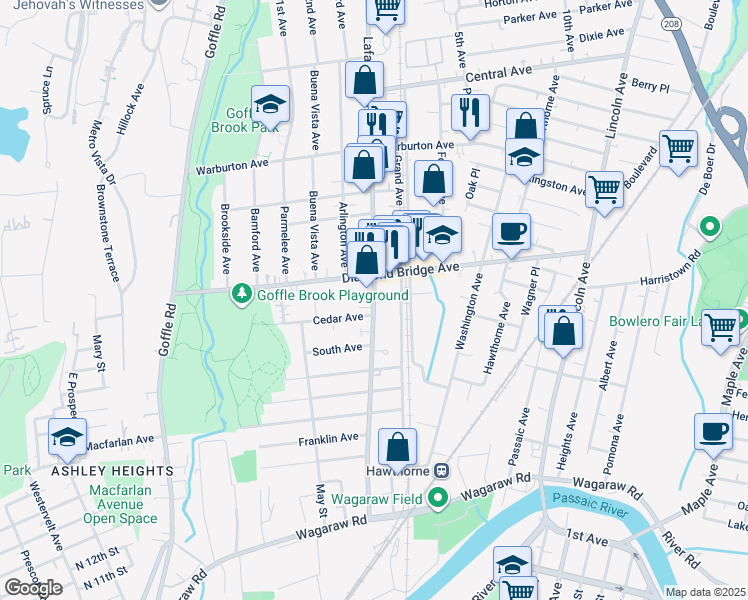 map of restaurants, bars, coffee shops, grocery stores, and more near 304 Lafayette Avenue in Hawthorne