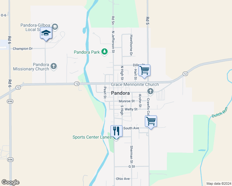 map of restaurants, bars, coffee shops, grocery stores, and more near in Pandora