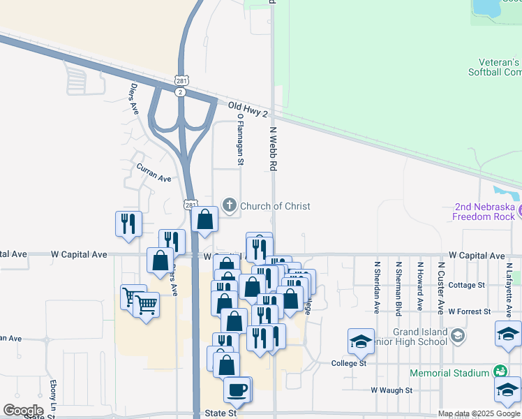 map of restaurants, bars, coffee shops, grocery stores, and more near 2622 North Webb Road in Grand Island