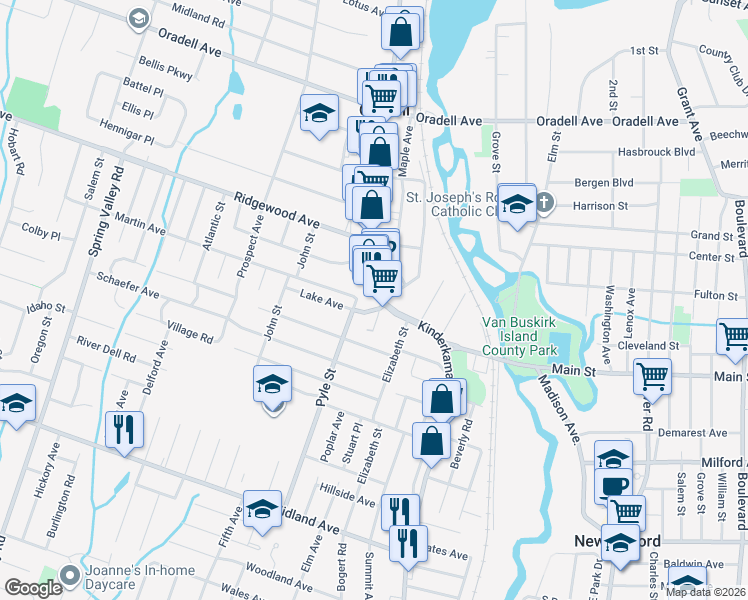 map of restaurants, bars, coffee shops, grocery stores, and more near 243 Kinderkamack Road in Oradell
