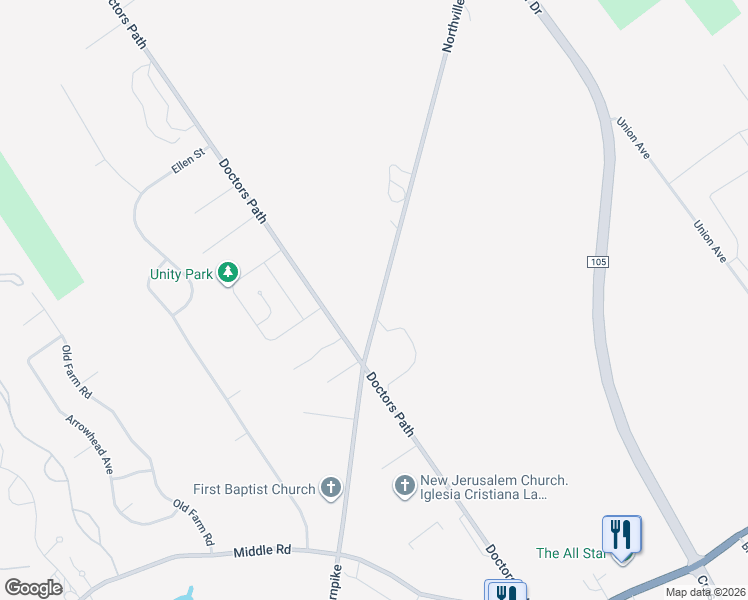 map of restaurants, bars, coffee shops, grocery stores, and more near 1232 Northville Turnpike in Riverhead