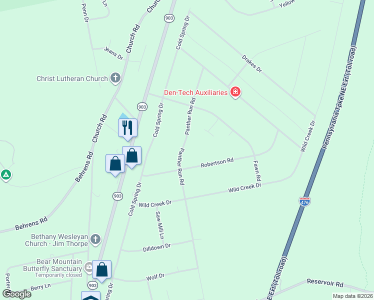map of restaurants, bars, coffee shops, grocery stores, and more near 423-448 Panther Run Rd in Jim Thorpe