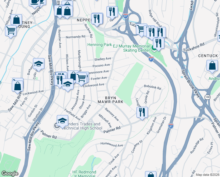 map of restaurants, bars, coffee shops, grocery stores, and more near 31 Victoria Lane in Yonkers