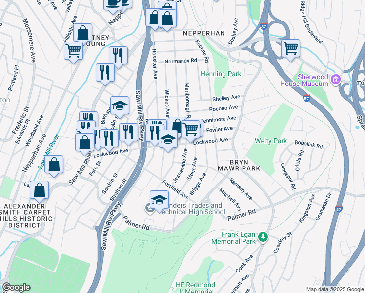 map of restaurants, bars, coffee shops, grocery stores, and more near 135 Lockwood Avenue in Yonkers