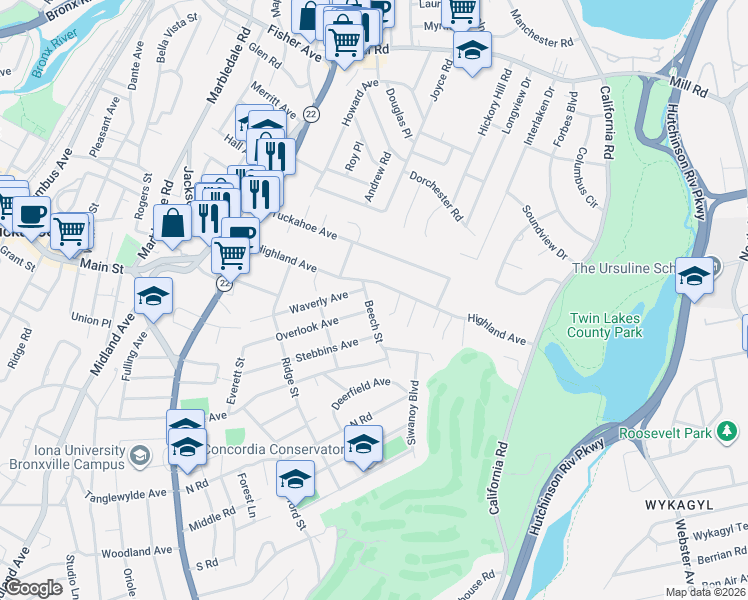 map of restaurants, bars, coffee shops, grocery stores, and more near 82 Highland Avenue in Eastchester