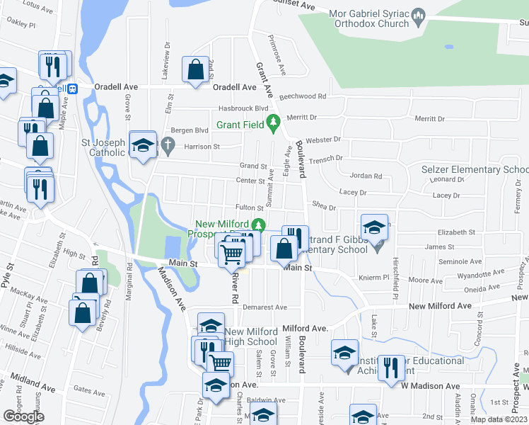 map of restaurants, bars, coffee shops, grocery stores, and more near 234 Fulton Street in New Milford