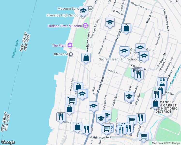 map of restaurants, bars, coffee shops, grocery stores, and more near 370 Warburton Avenue in Yonkers