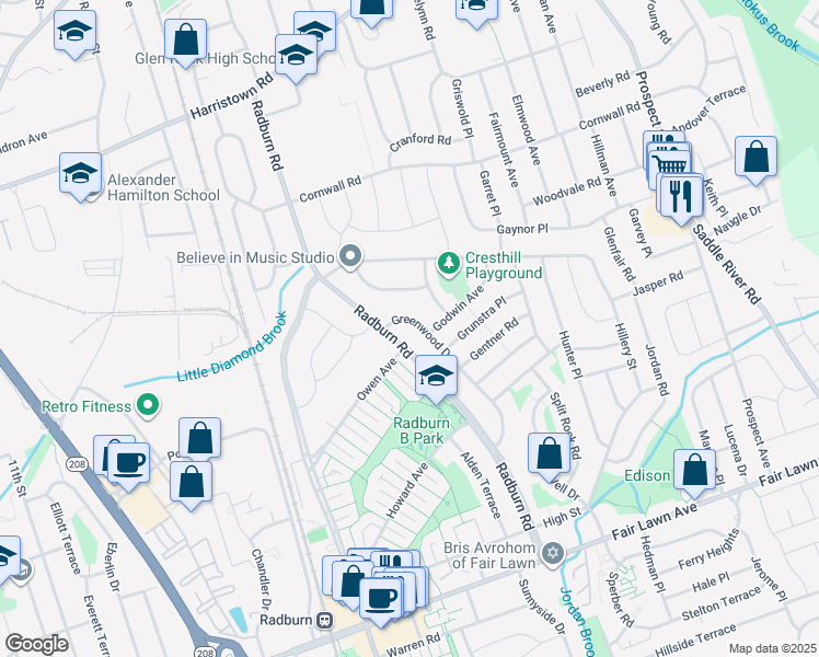 map of restaurants, bars, coffee shops, grocery stores, and more near 21-14 Greenwood Drive in Fair Lawn