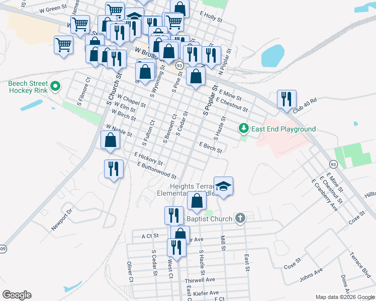 map of restaurants, bars, coffee shops, grocery stores, and more near 169 South Cedar Street in Hazleton