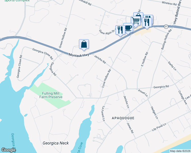 map of restaurants, bars, coffee shops, grocery stores, and more near 233 Cove Hollow Road in East Hampton