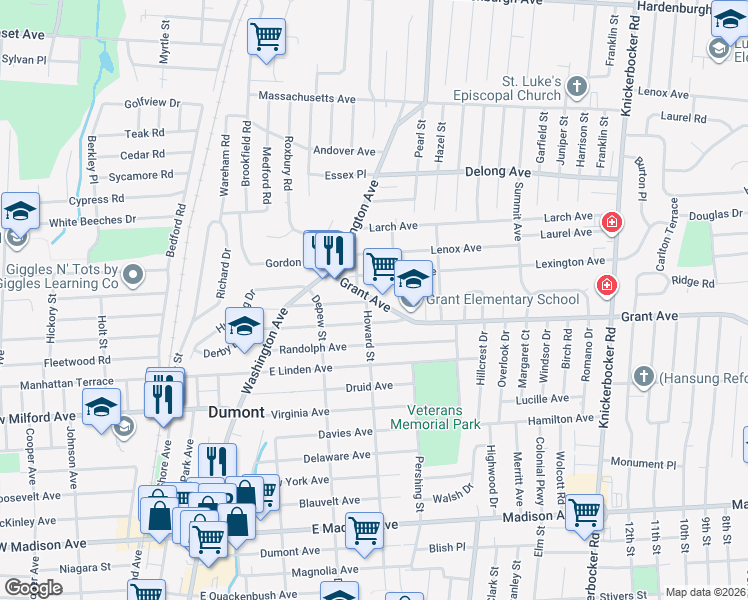 map of restaurants, bars, coffee shops, grocery stores, and more near 38 Grant Avenue in Dumont