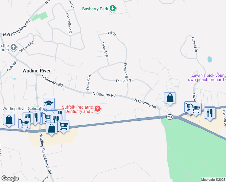 map of restaurants, bars, coffee shops, grocery stores, and more near 6082 North Country Road in Wading River