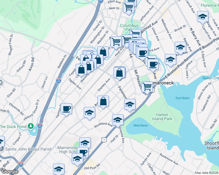map of restaurants, bars, coffee shops, grocery stores, and more near 441 Palmer Avenue in Mamaroneck