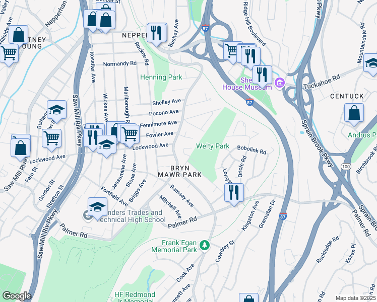 map of restaurants, bars, coffee shops, grocery stores, and more near 31 Victoria Lane in Yonkers