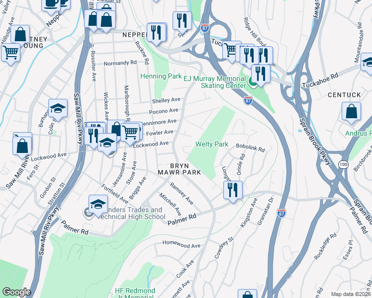 map of restaurants, bars, coffee shops, grocery stores, and more near 31 Victoria Lane in Yonkers