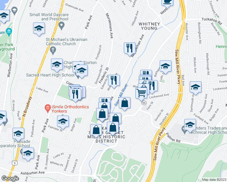 map of restaurants, bars, coffee shops, grocery stores, and more near 675 Nepperhan Avenue in Yonkers