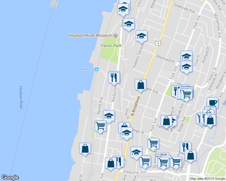 map of restaurants, bars, coffee shops, grocery stores, and more near 370 Warburton Avenue in Yonkers