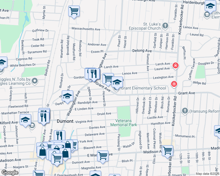 map of restaurants, bars, coffee shops, grocery stores, and more near 38 Grant Avenue in Dumont