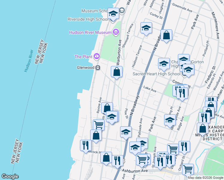 map of restaurants, bars, coffee shops, grocery stores, and more near 370 Warburton Avenue in Yonkers