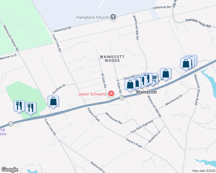 map of restaurants, bars, coffee shops, grocery stores, and more near 28 West Gate Road in Wainscott