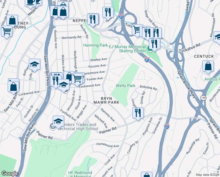 map of restaurants, bars, coffee shops, grocery stores, and more near 31 Victoria Lane in Yonkers