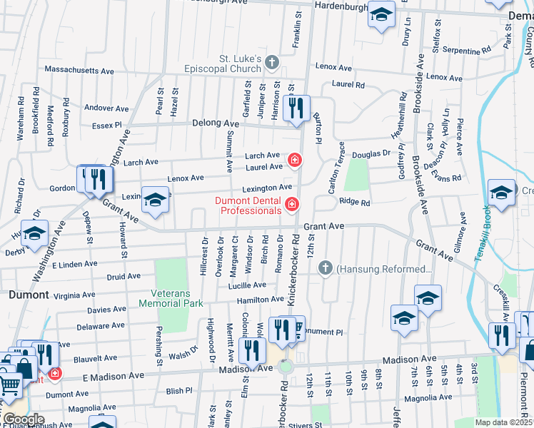 map of restaurants, bars, coffee shops, grocery stores, and more near 58 Revere Drive in Dumont