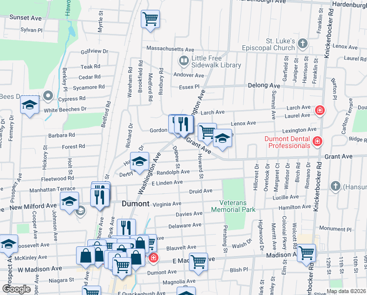 map of restaurants, bars, coffee shops, grocery stores, and more near 29 Grant Avenue in Dumont