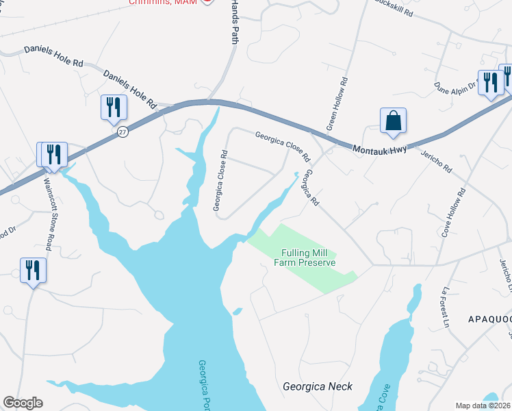map of restaurants, bars, coffee shops, grocery stores, and more near 104 Georgica Close Road in East Hampton