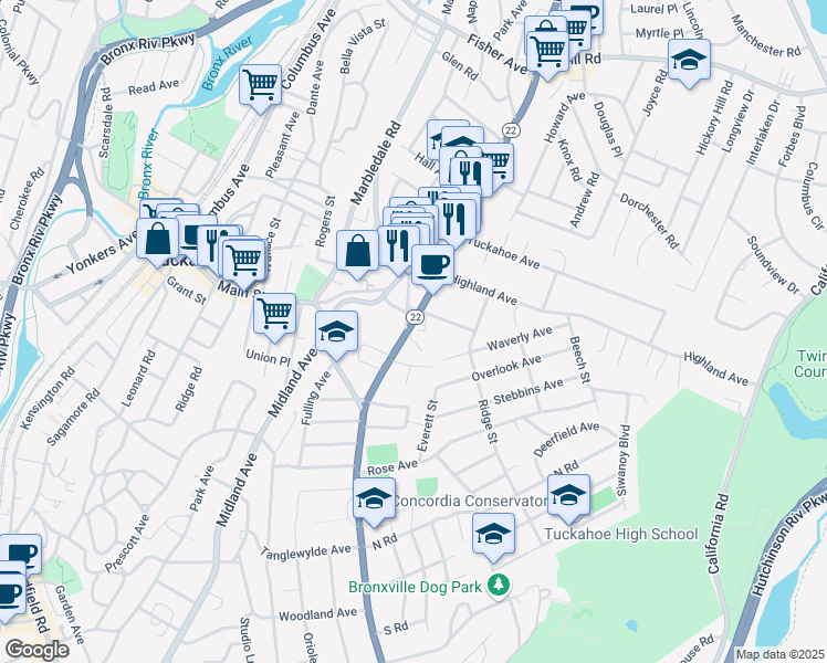 map of restaurants, bars, coffee shops, grocery stores, and more near 12 Prospect Avenue in Eastchester