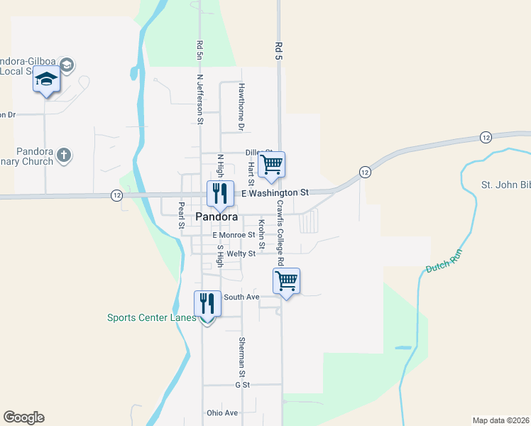 map of restaurants, bars, coffee shops, grocery stores, and more near 403 E Main St in Pandora