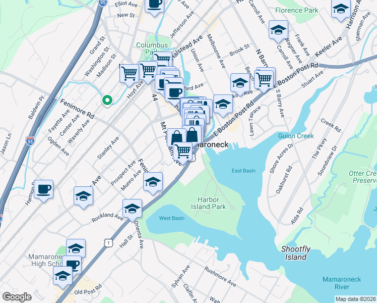 map of restaurants, bars, coffee shops, grocery stores, and more near 126 Library Lane in Mamaroneck