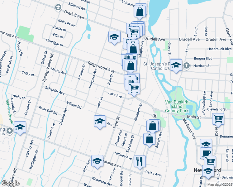 map of restaurants, bars, coffee shops, grocery stores, and more near 624 Martin Avenue in Oradell