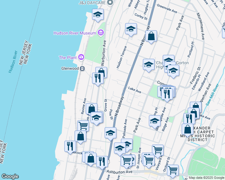 map of restaurants, bars, coffee shops, grocery stores, and more near 23 Hudsonview Terrace in Yonkers