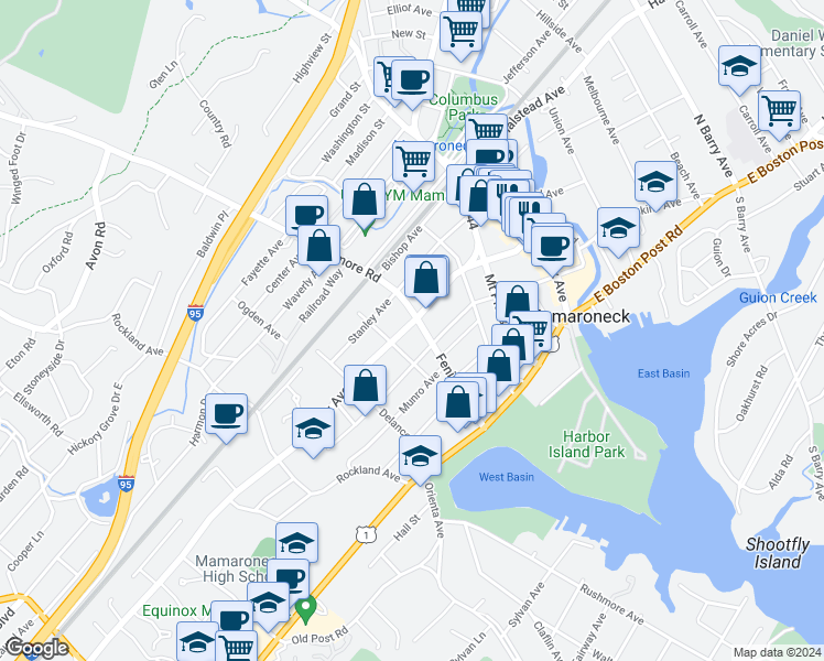 map of restaurants, bars, coffee shops, grocery stores, and more near 215 Fenimore Road in Mamaroneck