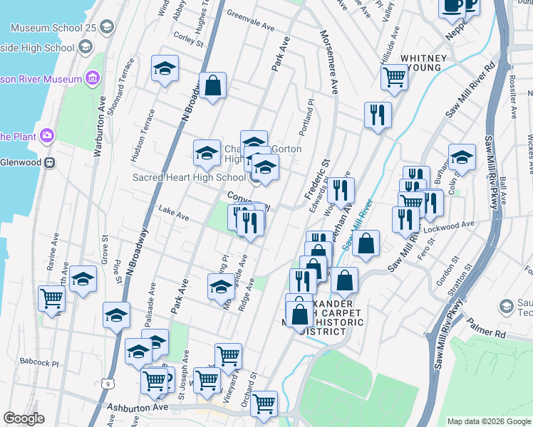 map of restaurants, bars, coffee shops, grocery stores, and more near 169 Voss Avenue in Yonkers