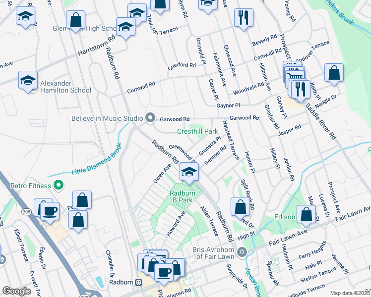 map of restaurants, bars, coffee shops, grocery stores, and more near 21-11 Greenwood Drive in Fair Lawn