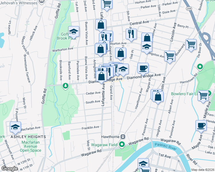 map of restaurants, bars, coffee shops, grocery stores, and more near 67 Royal Avenue in Hawthorne
