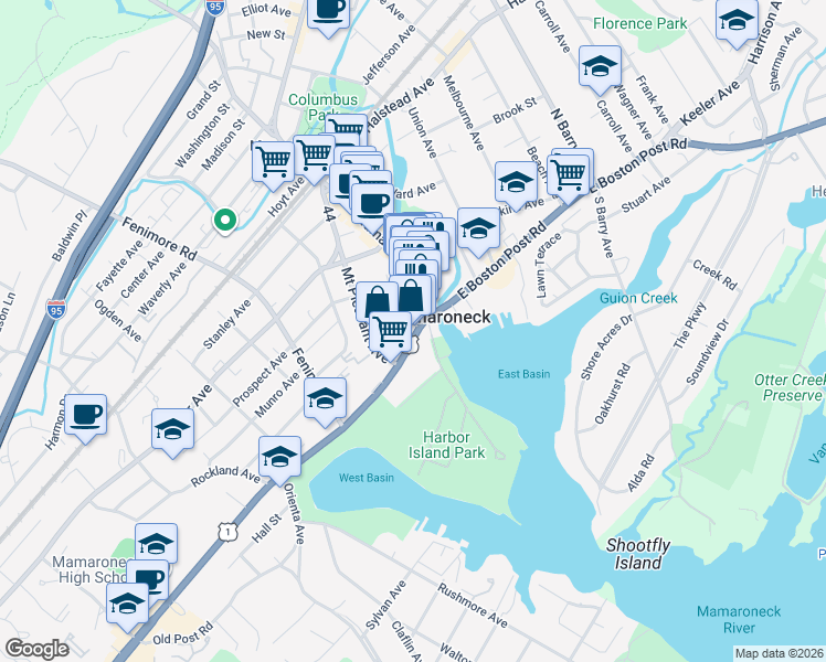map of restaurants, bars, coffee shops, grocery stores, and more near 126 Library Lane in Mamaroneck