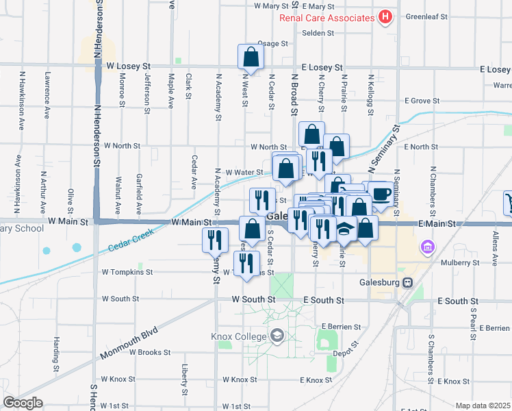map of restaurants, bars, coffee shops, grocery stores, and more near 158 West Ferris Street in Galesburg