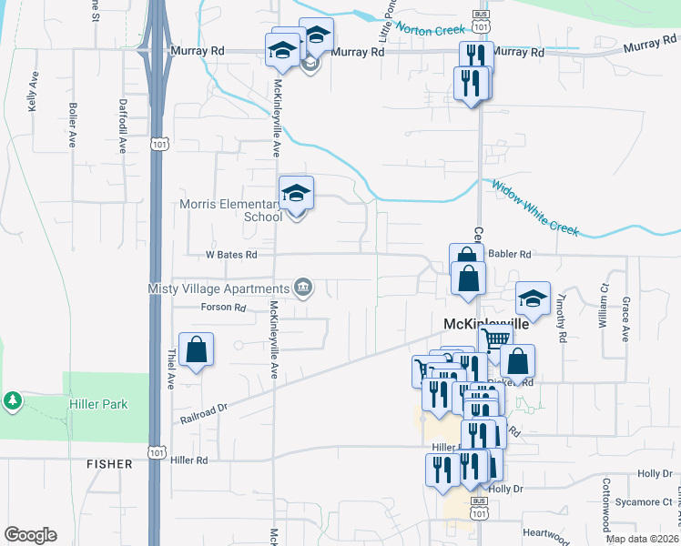 map of restaurants, bars, coffee shops, grocery stores, and more near 1341 Belnor Road in McKinleyville