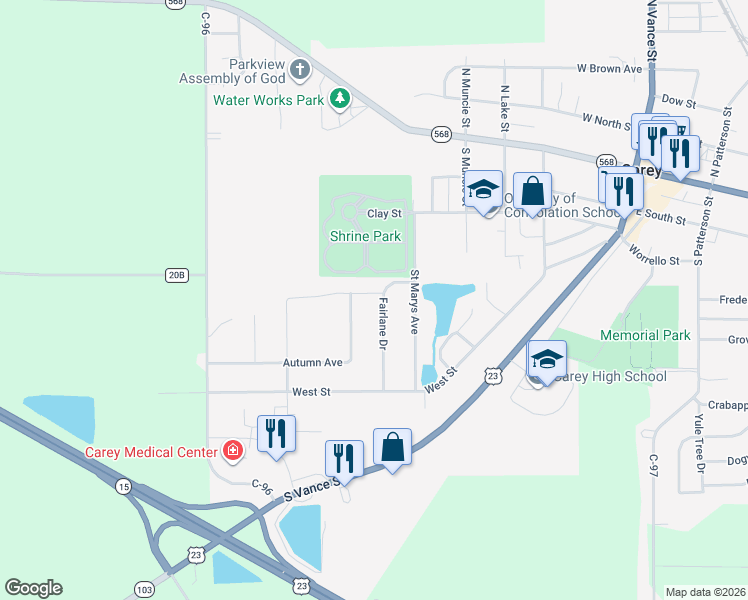 map of restaurants, bars, coffee shops, grocery stores, and more near 596 Fairlane Drive in Carey