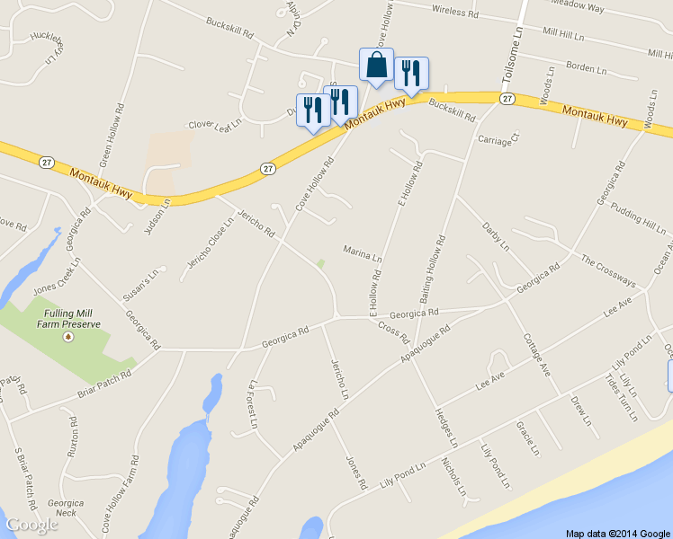 map of restaurants, bars, coffee shops, grocery stores, and more near 73 Jericho Lane in East Hampton