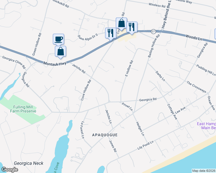 map of restaurants, bars, coffee shops, grocery stores, and more near 73 Jericho Lane in East Hampton