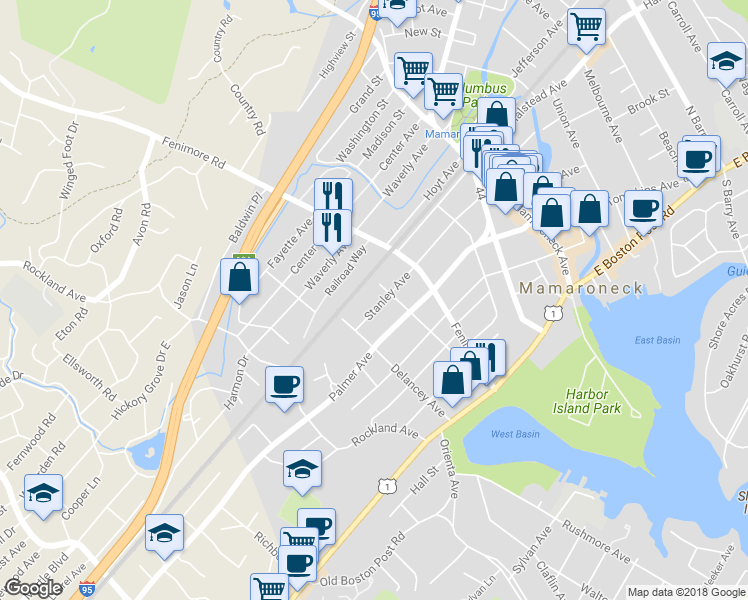 map of restaurants, bars, coffee shops, grocery stores, and more near 515 Stanley Avenue in Mamaroneck