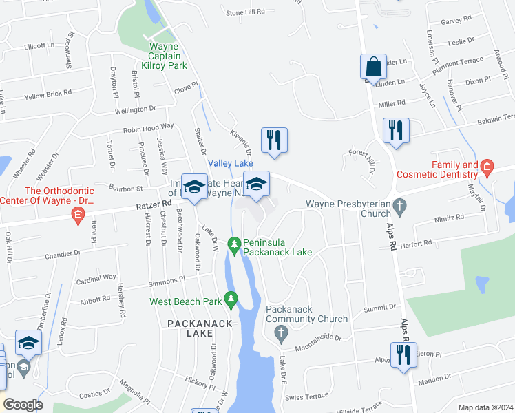 map of restaurants, bars, coffee shops, grocery stores, and more near 580 Ratzer Road in Wayne