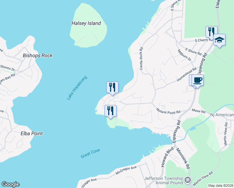 map of restaurants, bars, coffee shops, grocery stores, and more near 38 Nolans Point Park Road in Jefferson